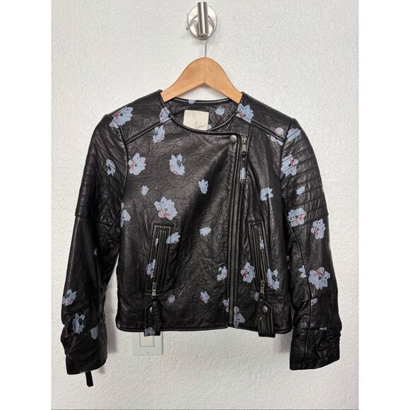 Joie Thisbe Moto Floral Lamb Leather Jacket Caviar Black Size XXS - Picture 4 of 12